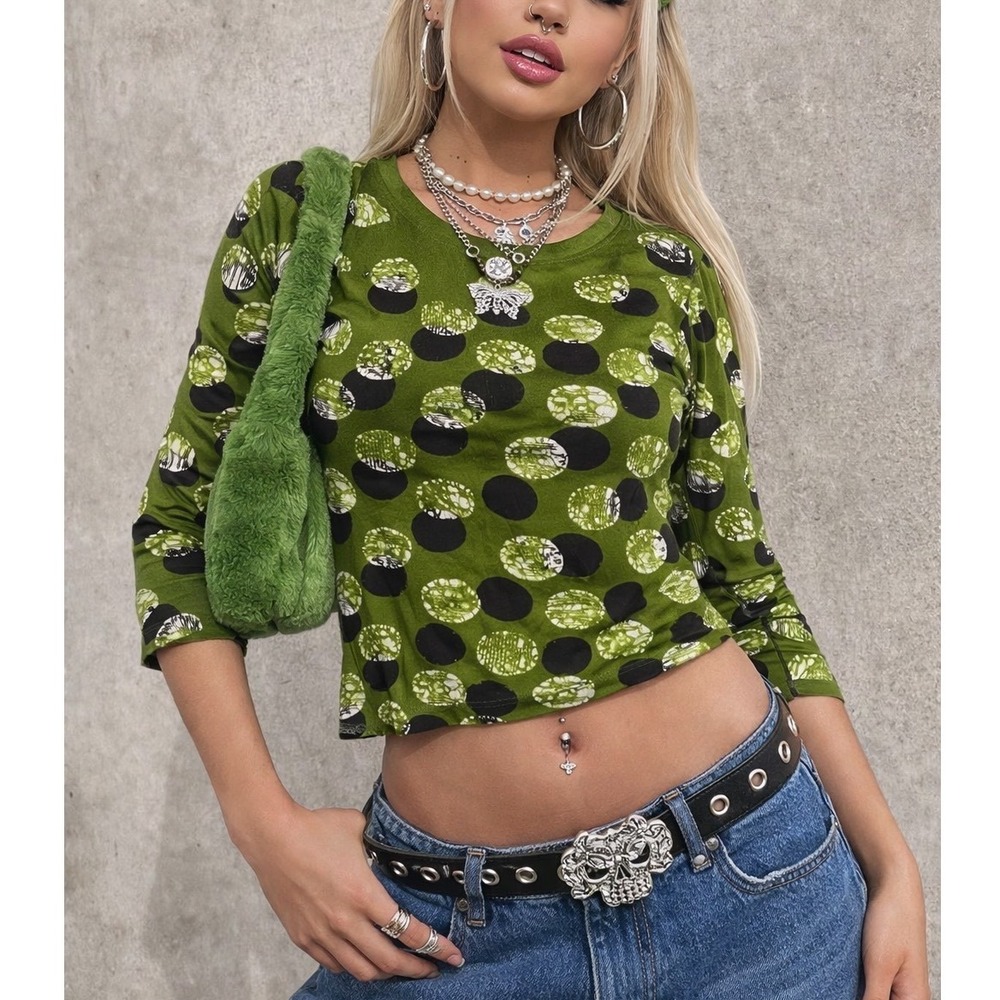 Samantha Sung Women's Silk Blend Green Polka Dot Long Sleeve Top-‎ Size S